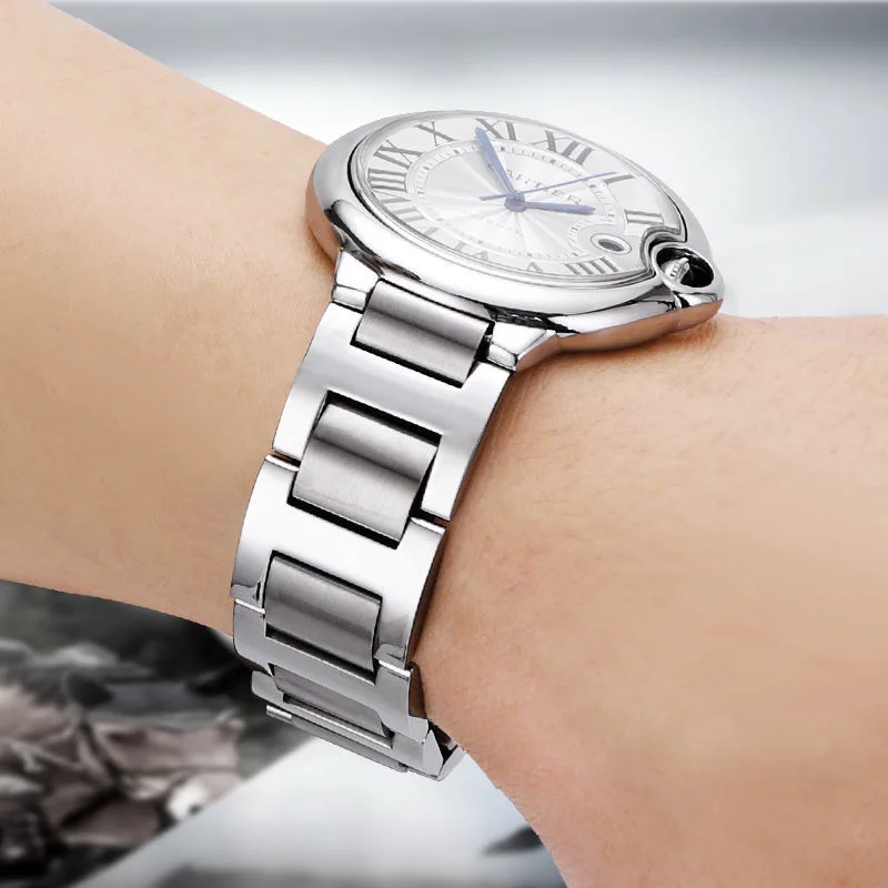 Convex Solid Stainless Steel Watch Strap with Butterfly Buckle Metal Watch band  For BALLON BLEU DE CARTIER ballon bleu