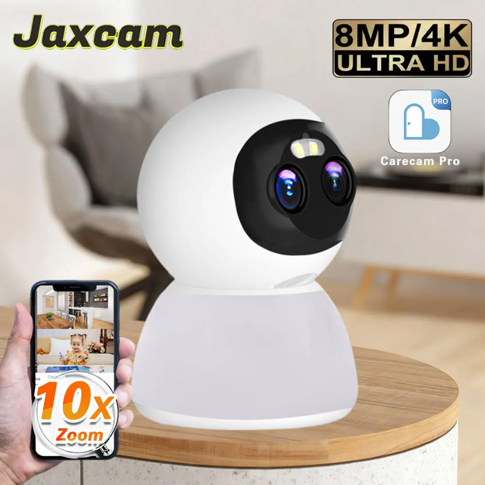 

8 МП 4K HD 10-кратная PTZ-камера с зумом, Wi-Fi, IP-камера с подсветкой, 360-градусная поворотная камера Carecam Pro с двумя объективами, Wi-Fi, автоматическое отслеживание, для наблюдения за детьми и домашними животными