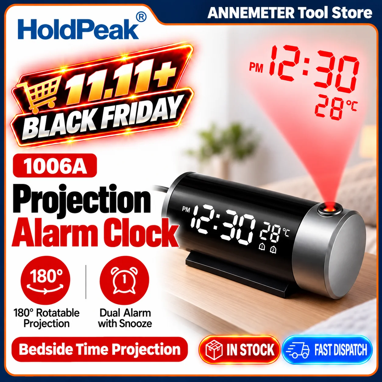 Projection Alarm Clock 180° Rotatable, Digital LED Clock with Temperature Humidity Sensor, Dual Alarm Auto Dimming