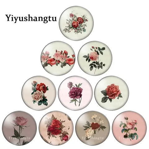 뷰티 빈티지 장미 이미지 꽃 패턴 라운드 포토 유리 카보숑 데모 플랫 백, 12mm, 18mm, 20mm, 25mm, 제작 결과