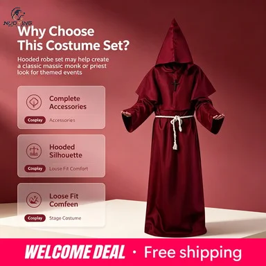 Traje de Cosplay de Túnica Larga Medieval, Disfraz de Halloween para Adultos de Mago, Monje y Sacerdote, Ropa Holgada y Transpirable para Fiestas Temáticas y Festivales Vintage