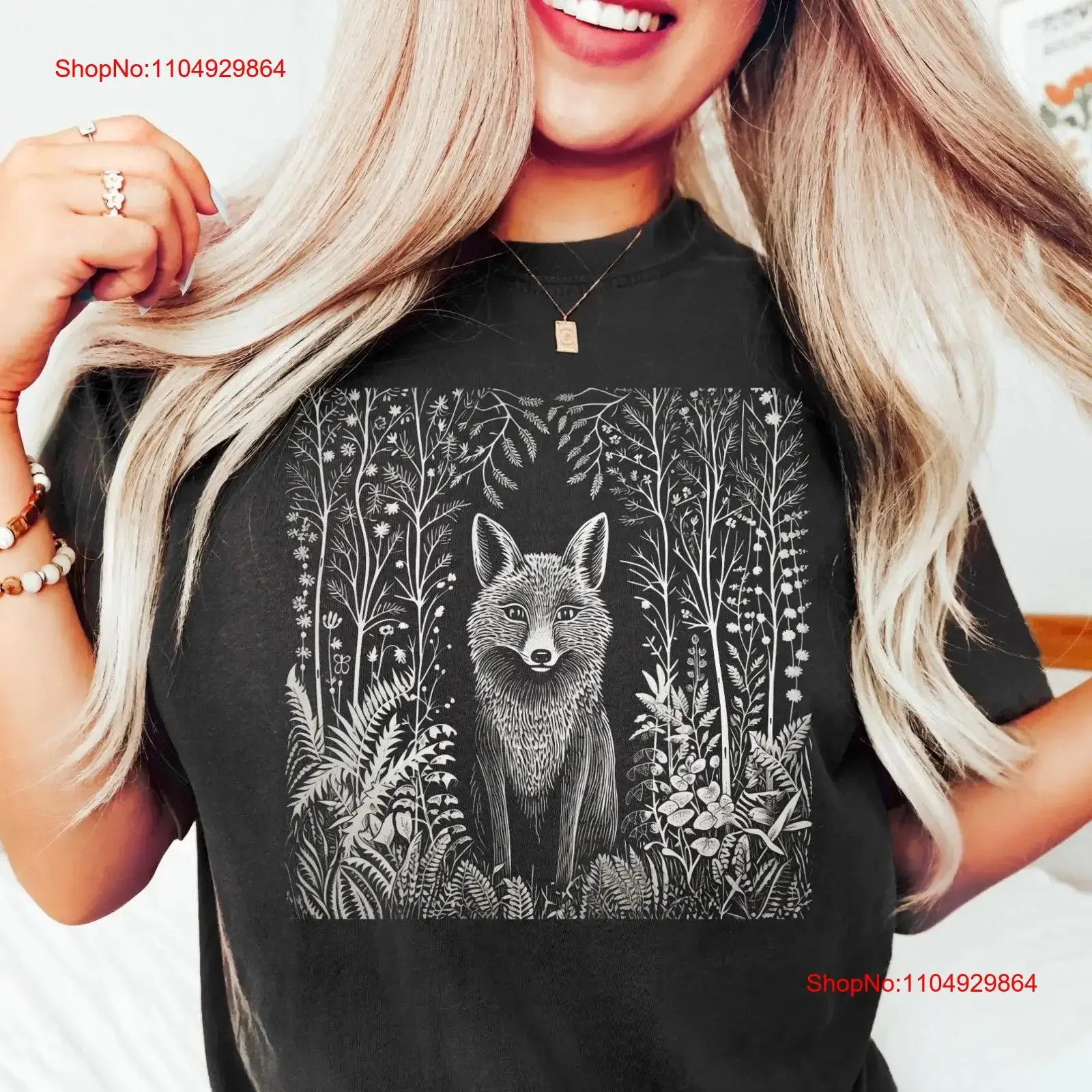 Camiseta Folklore Forest Fox Lino PrinT Vintage Forestcore arte popular Linocut Cottagecore estética vintage lavada Unisex homme