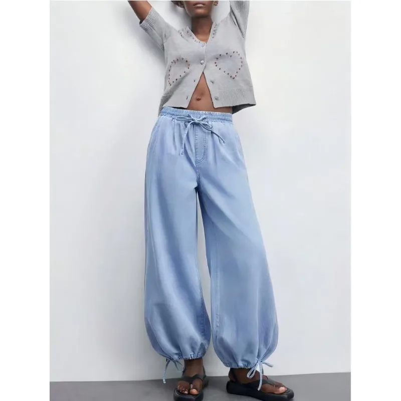 Women 2026 New Washed Denim Pants Elastic Waist Drawstring Joggers Loose Draped Casual Wide Leg Long Trousers