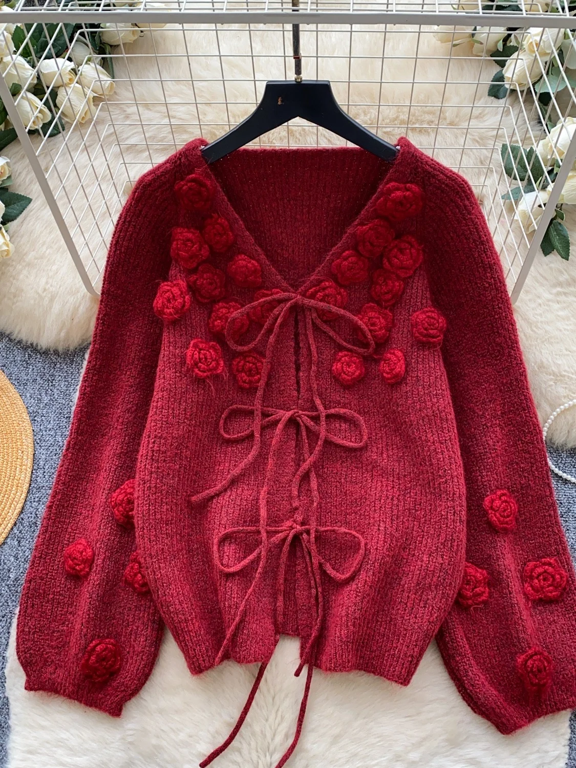 Retro Red Knitted Open Cardigan Women's Loose Lazy Style Sweater Jacket 2026 New Top Warm Plant Floral Pattern round Neck