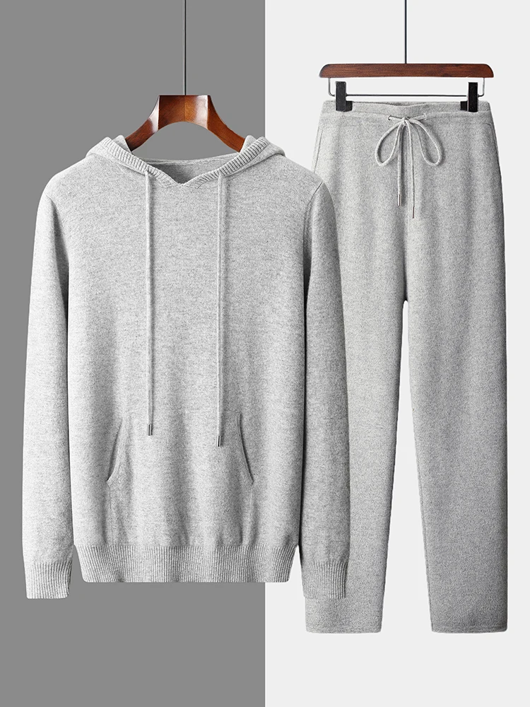 

Men's 100% Merino Wool Sweater Suit Pullover Hoodie Wool Pants Autumn Winter Thick Soft Cosy Cashmere Knitwear Hoodie Trouserse