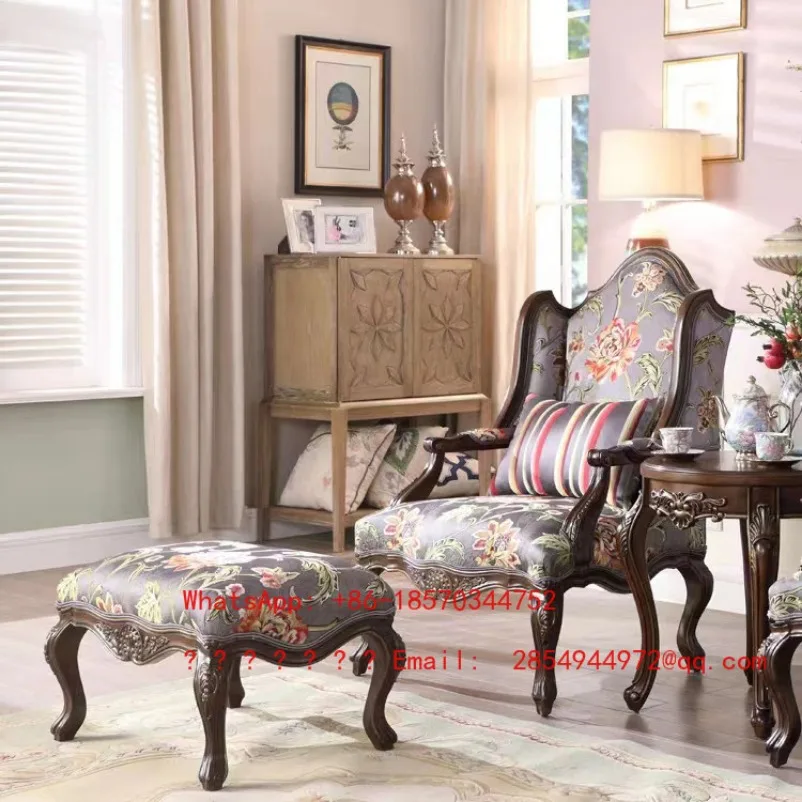 American Style Solid Wood Single Sofa Chair High Back Living Room Lounge Chair Vintage Accent Armchair with Ottoman
