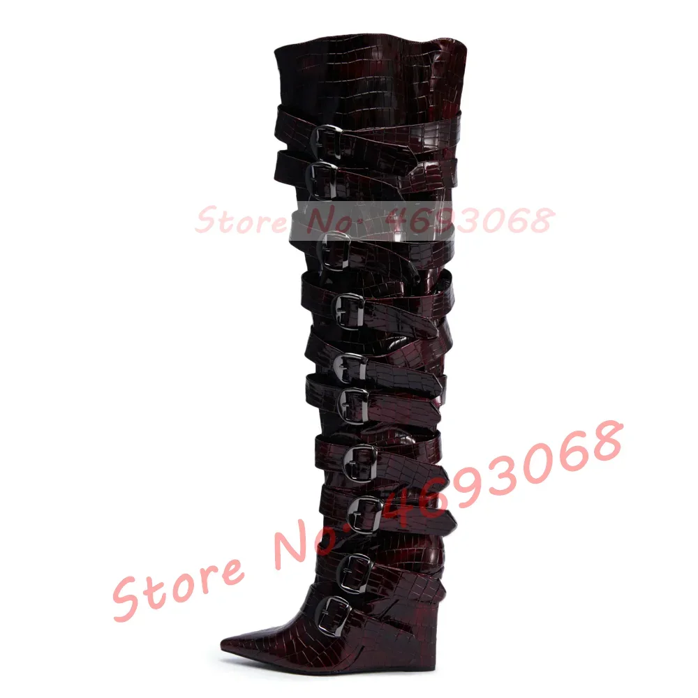 Burgundy Patent Leather Wedge Long Boots Women Sexy Multi Belt Buckle Pointed Toe Shoes Metal Decor Winter New Over Knee Boots
