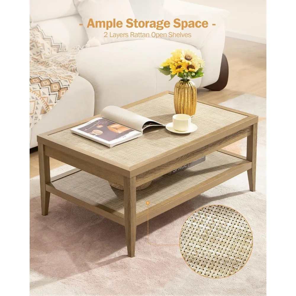 Rectangle Coffee Table for Living Room, Farmhouse Boho Center Table with 2-Tier Rattan Storage Shelves, Sofa Side Accent Table