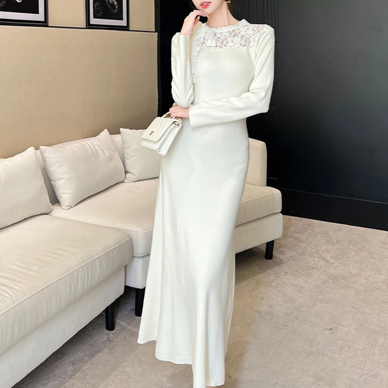 Korean Fall Winter Elegant Dress Women Jacquard Patchwork Solid Slim Dress Lace Knit Sweet Long Sleeve Party Evening Vestidos