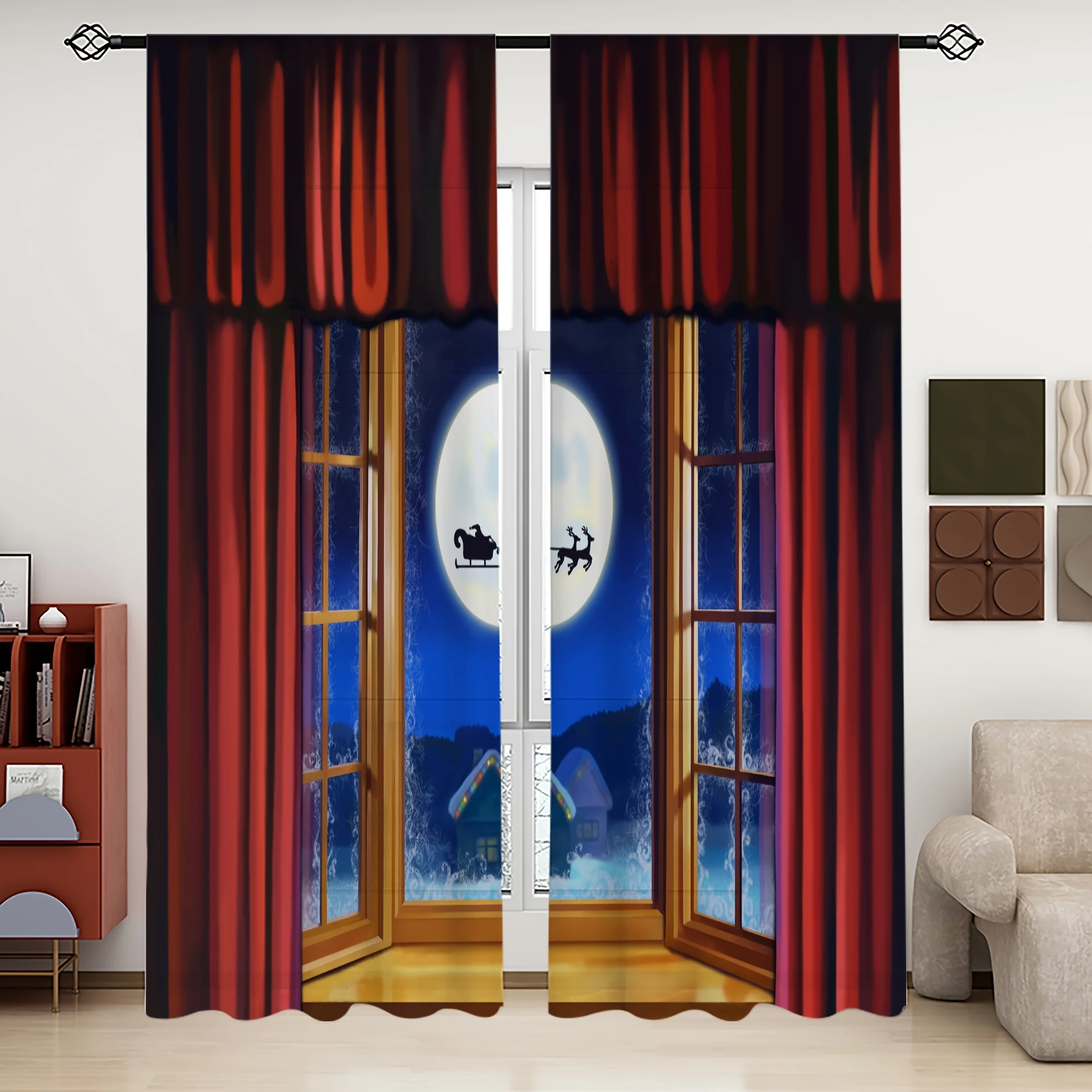 Christmas Window View Curtain, Santa Sleigh Moon 3D Blackout Drape, Red Velvet Holiday Decor, Kids Room Xmas Party Supplies
