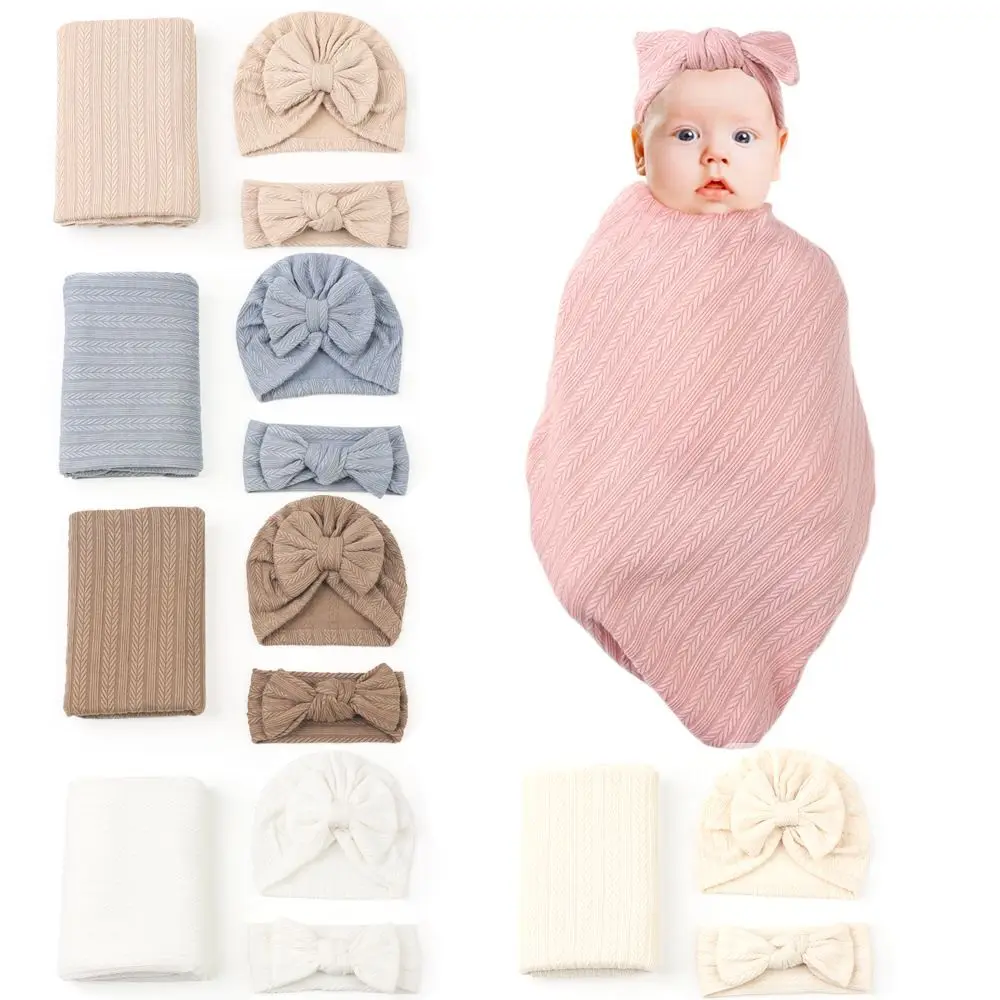 

3pc/lot Infant Cable Knit Turban Newborn Cotton Beanie Caps 0-6M Infant Baby Swaddle Blanket Boy Girl Floral Baby Wrap headbands