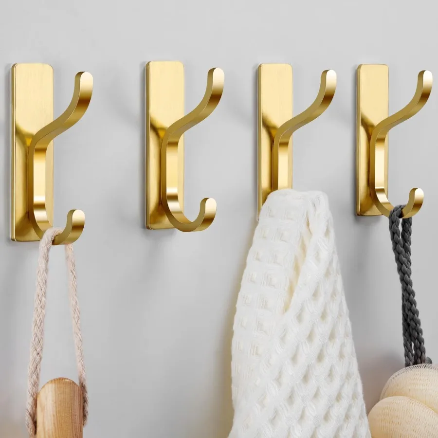 Heavy Duty Gold Adhesive Wall Hooks for Bathroom Door Closet Dorm RV Kitchen 13 lb Sticky Towel Hook for Hanging Coats Bags Key