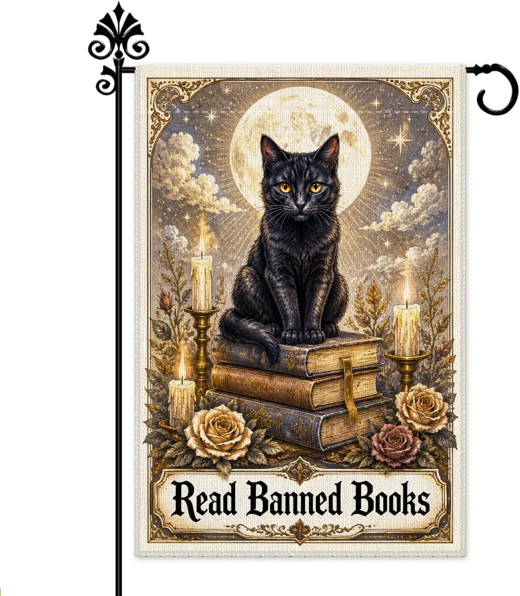 Read Banned Books Garden Flag, 12x18 Inch Double Sided Gothic Black Cat Yard Flag, Freedom To Read Outdoor Decor Support