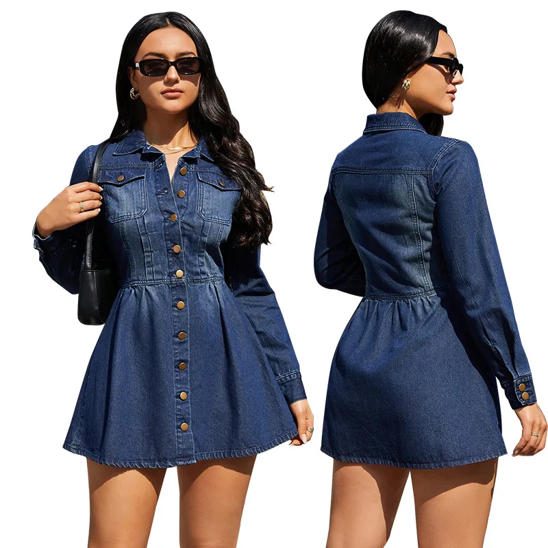 

Slimming Waist-Cinching Denim Long-Sleeved Dress for Summer 2025 New Style Fashionable Slim Fit Dress