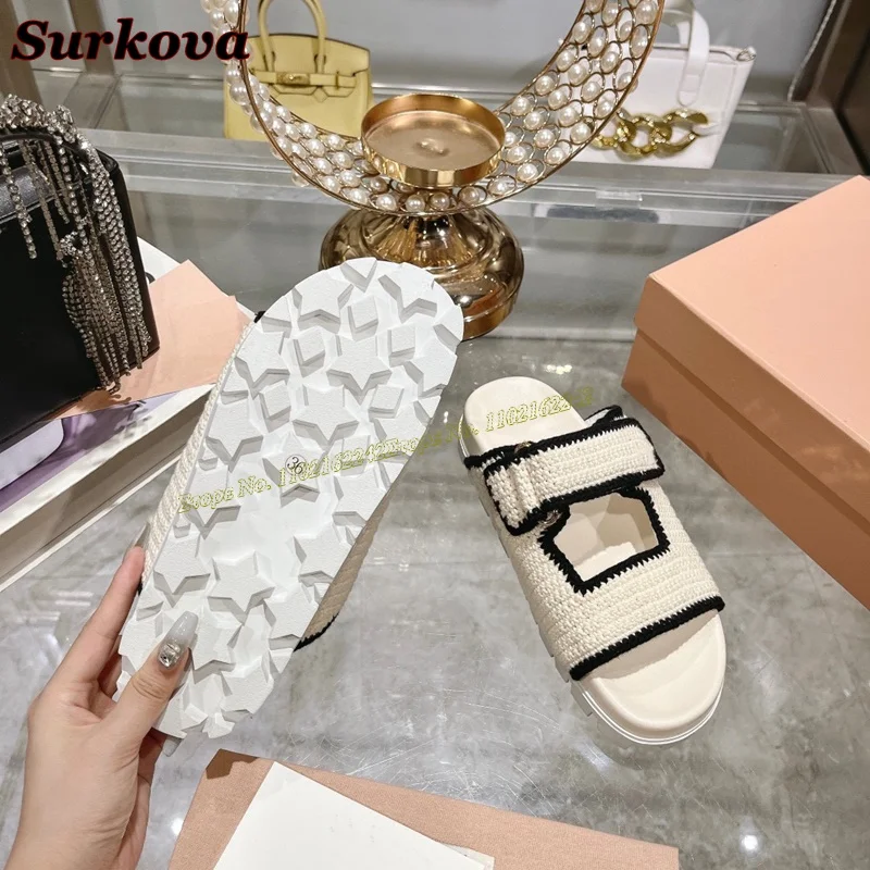 Summer Genuine Leather Slippers Round Toe Color Matching Thick Bottom Sandals Fashion Casual Beach Shoes Women\'S Gladiator 40