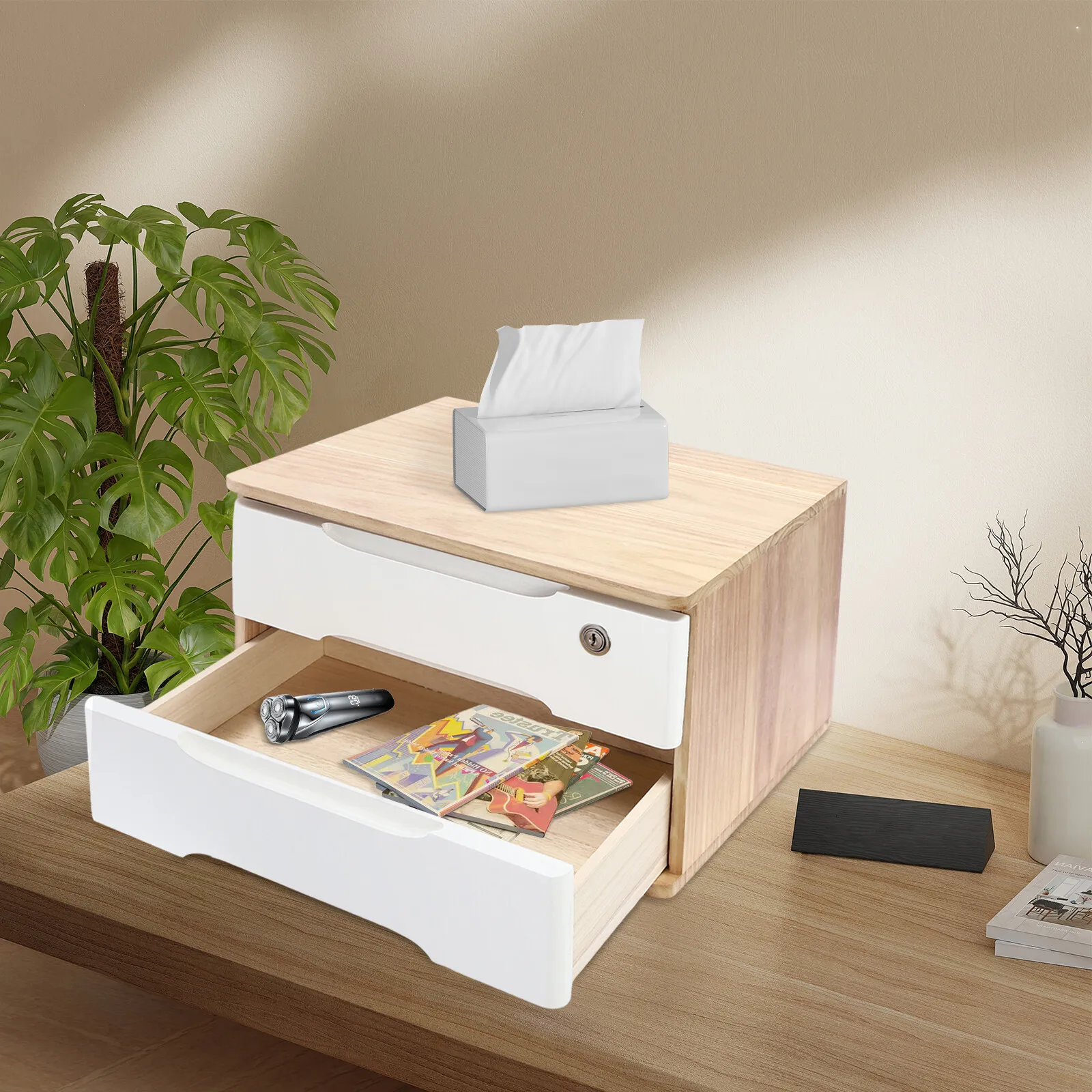 منظم صندوق تخزين مكتبي خشبي بطبقتين مع أدراج قابلة للقفل للمكتب والمنزل