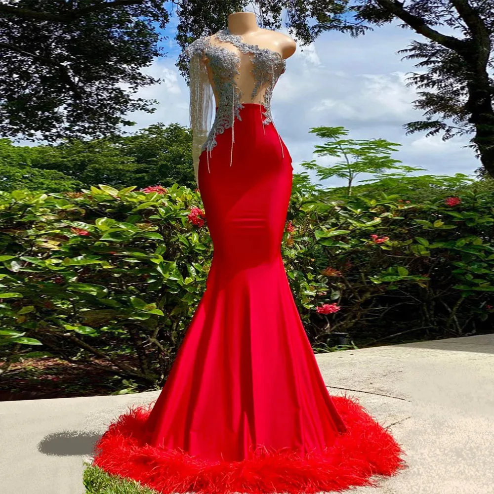 Passionate One Shoulder Mermaid Dress Feather Applique Sparkly Beaded Long Sleeve Red Satin Evening Dresses See Through Gowns