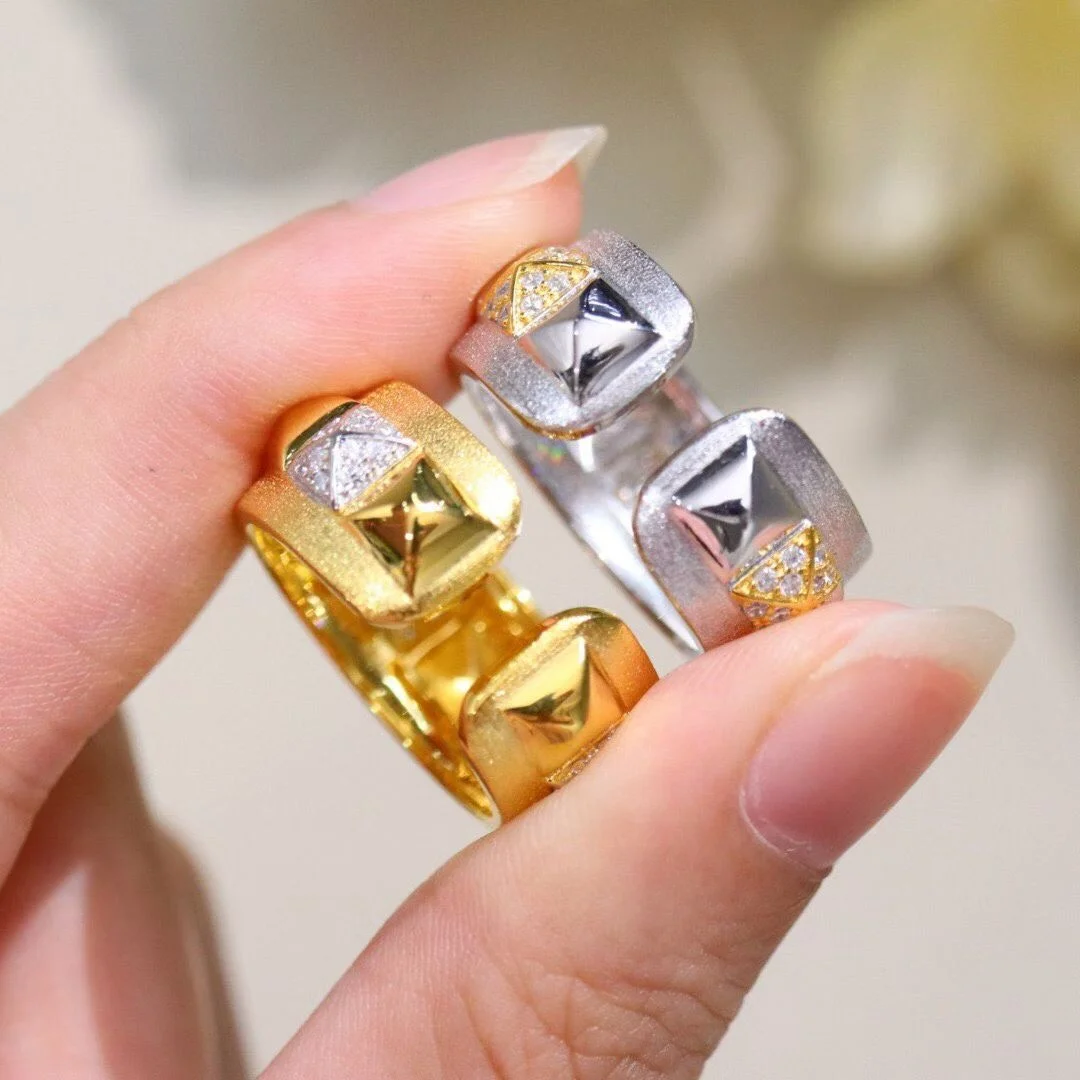 Unique Two-Tones 925 Silver Geometric Square Open Ring Exquisite Genderless Italian Style Statement Chunky Band Men Jewelry Gift