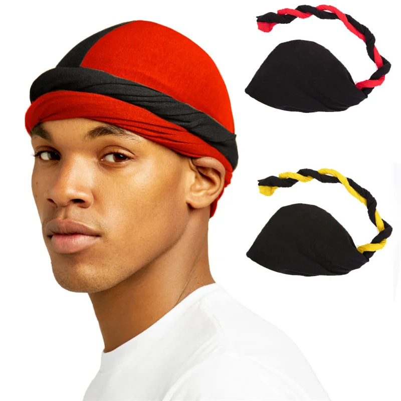 Elastic Double Color Turban Durag for Men Satin Lined Bandana Headwrap Caps Patchwork Streetwear Hip-hop Men's Headband Cap