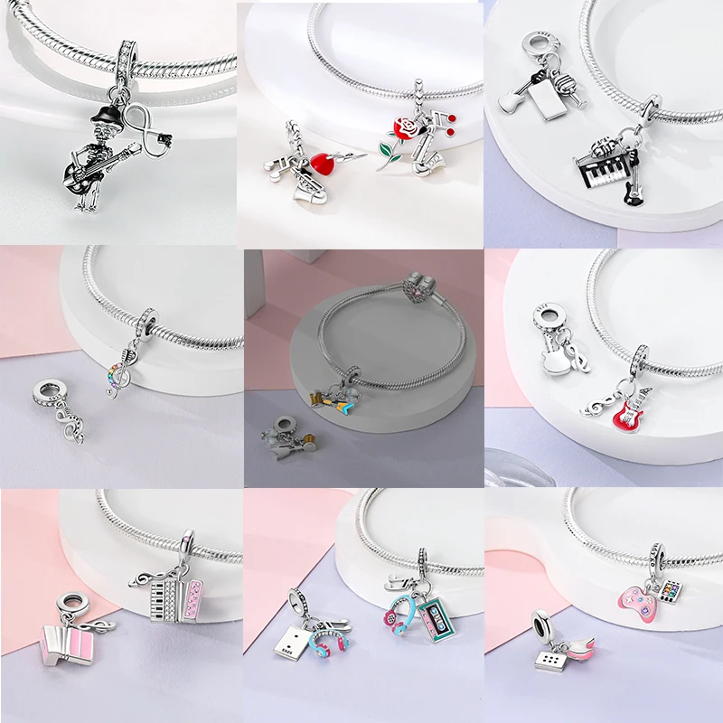 Heiße romantische Musik-Enthusiasten aus 925er-Sterlingsilber, rote Gitarre, MP3-Anhänger, Kopfhörer, Perlen, Original-Passform für Frauen, DIY-Schmuck-Charms – Detail 2