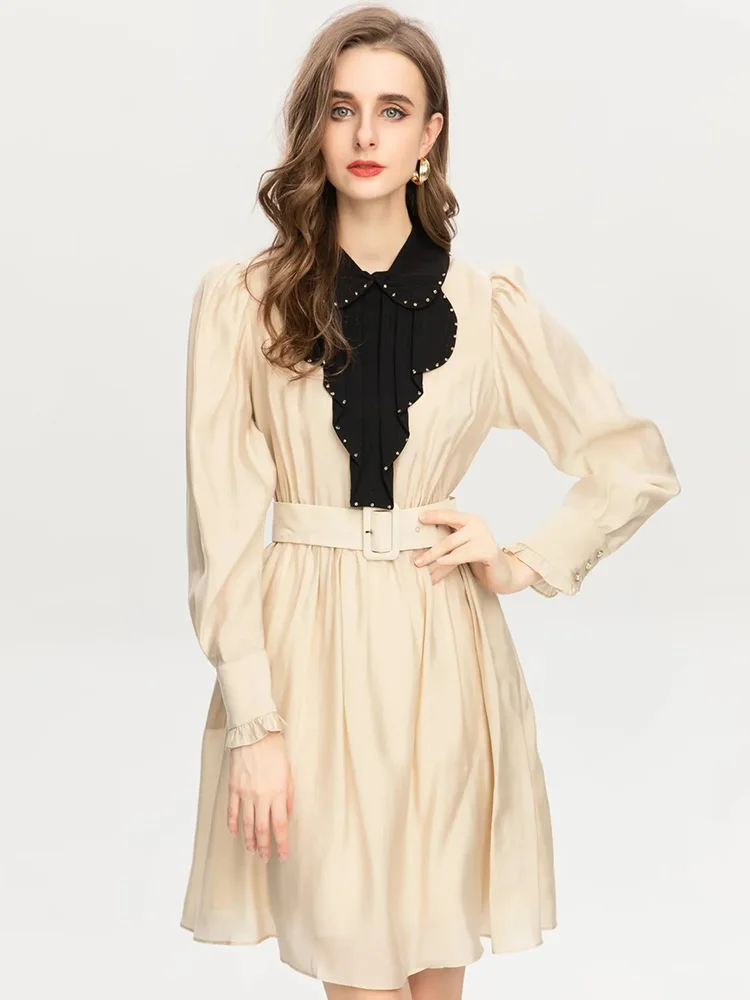 

Fashion Runway Autumn Winter Women Vestidos Turn-down Collar Long Sleeve Beading Belted Solid Casual Dresses