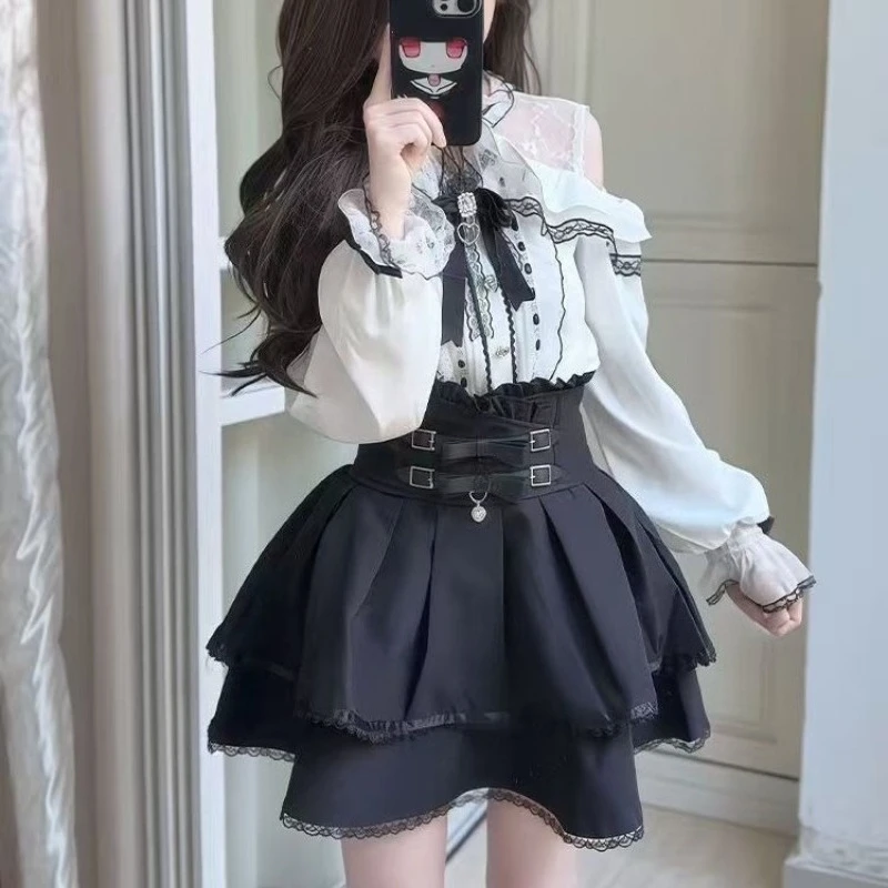 Japanese Gothic Y2k Lolita Style Set Women Sweet Lace Off Shoulder Ruffles Long Sleeve Bow Shirt High Waist Slim Mini Skirt Suit