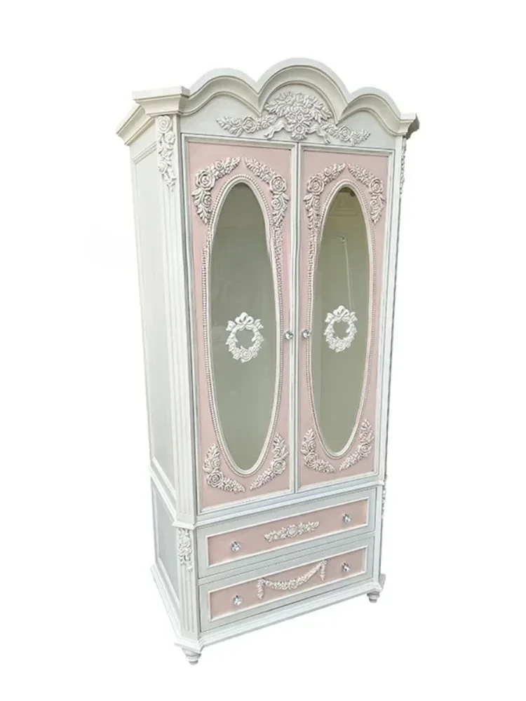 

B retro carved solid wood wardrobe children princess bedroom drawer locker double door clothing cabinet