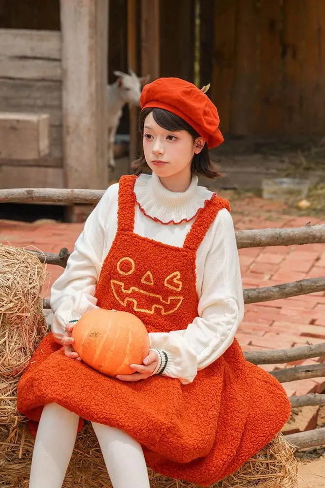 

​​Petite Pumpkin Patch Two Piece Set Sweet Whimsical Suspenders Pinafore Blouson Hem High Neck Sweater Fall Coord Cozy Fall​​