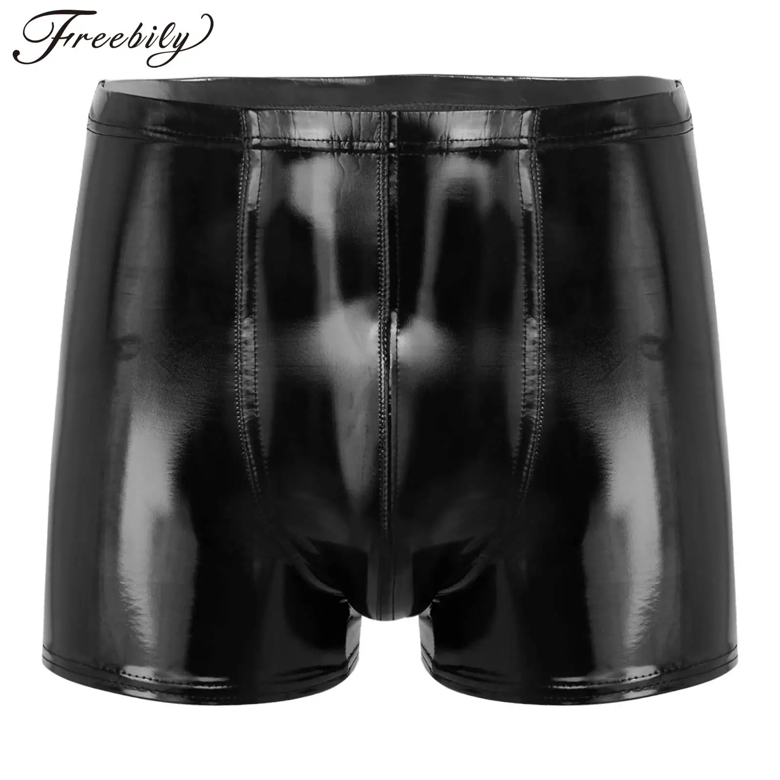 Men Glossy Patent Leather Boxer Shorts Club Party Pole Dancing Clothing Sexy Wet Look Bulge Pouch Briefs Underwear Clubwear