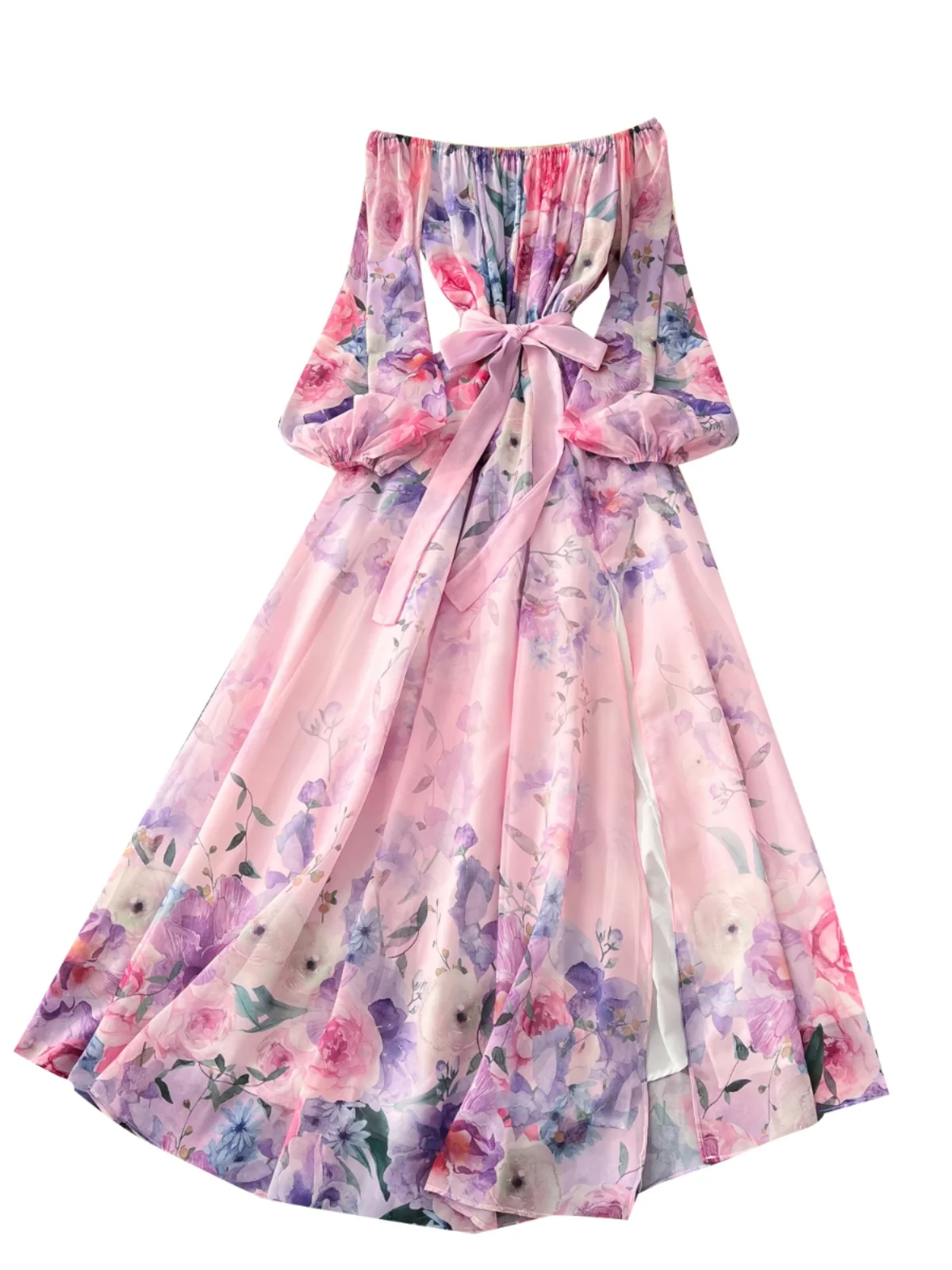 Spring Break Sle หนึ่งไหล่ผูกเอวโคมไฟ Sve พิมพ์ชีฟองยาว Dr เอวสูง A-Line เวอร์ชั่นเกาหลีเดินทาง