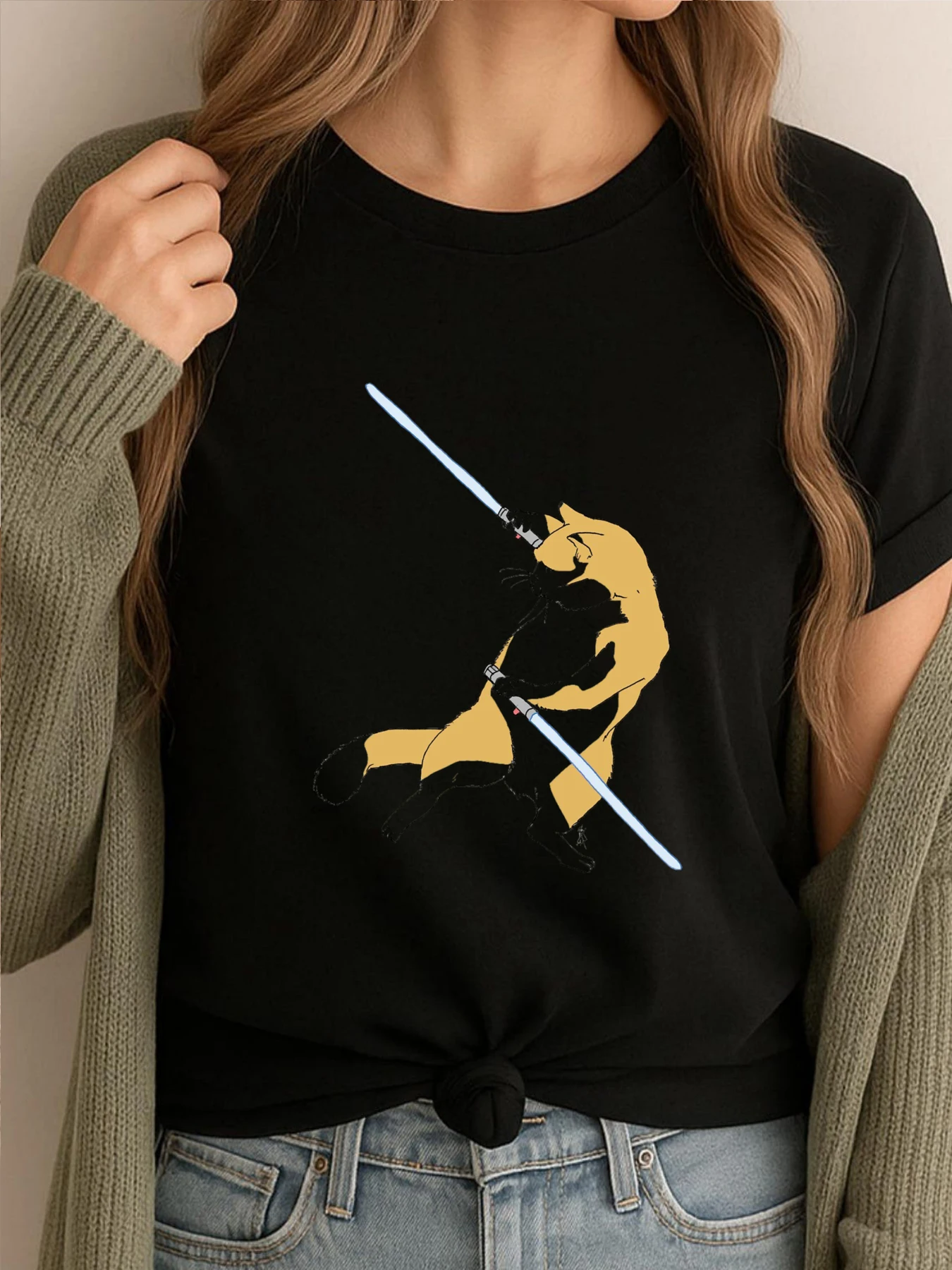 

Мужская дизайнерская футболка Cat Wars Dule Blue Saber Cat, рубашка на заказ, футболки с эстетическим рисунком, мужская забавная одежда