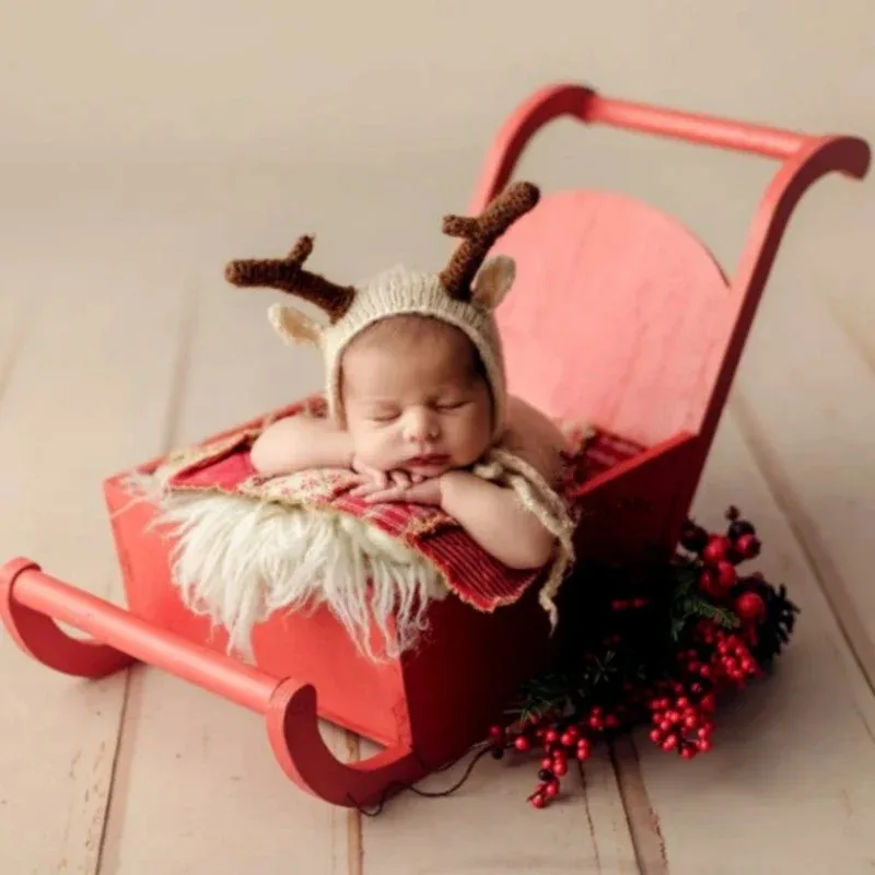 Newborn Photography Accessories Infant Christmas Theme Red Sleigh Cart Disassembly Wooden Background Bed Baby Photoshoot Props