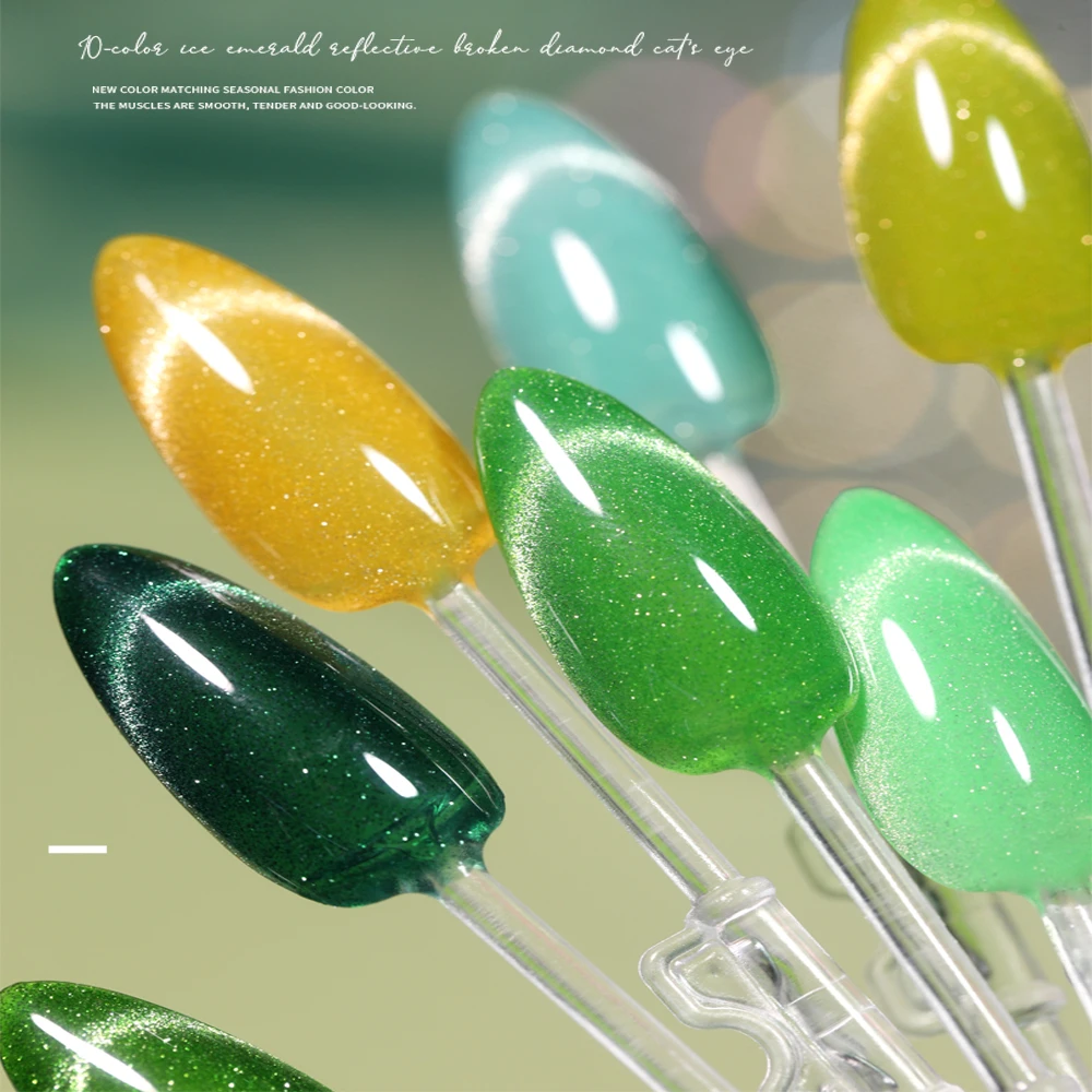 Vendeeni 10 Colors Green Ice Emerald  Broken Diamond Cat Eye Gel Nail Polish UV LED Reflective Magnet Manicure Nail Varnish 15ml