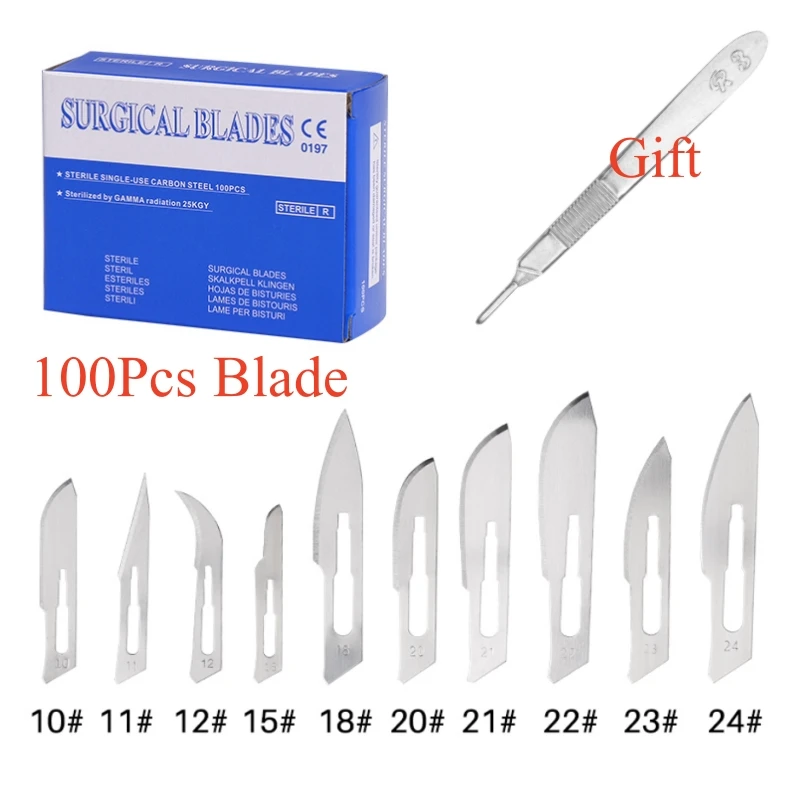 100Pcs Dentist Scalpel Blades Carbon Steel Medical Sterile Surgical Blade and Handle for Dissection Grooming Beauty Carving