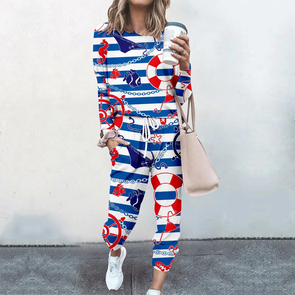 2 Pcs Women Tracksuit Autumn Sweatshirt Top Pants Suit Spring Casual Long Sleeve White Cute Cat Print Pullover Sports Outfits