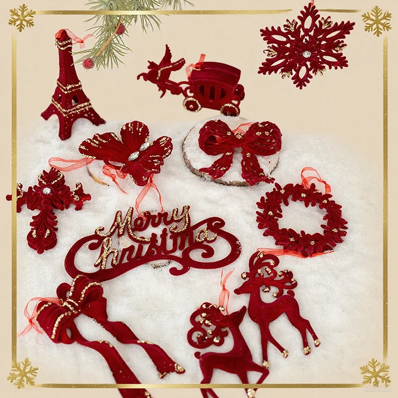 

2025 Christmas Ornament Red Flocked with Wreath Bow Deer Hanging Pendant for Xmas Tree Decor Holiday New Year Home Decoration