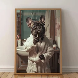 Canvas Prints, A Mischievous French Bulldog Wearing A Bathrobe Brushing Teeth Art Print For Home Office Or Hotel Decoration