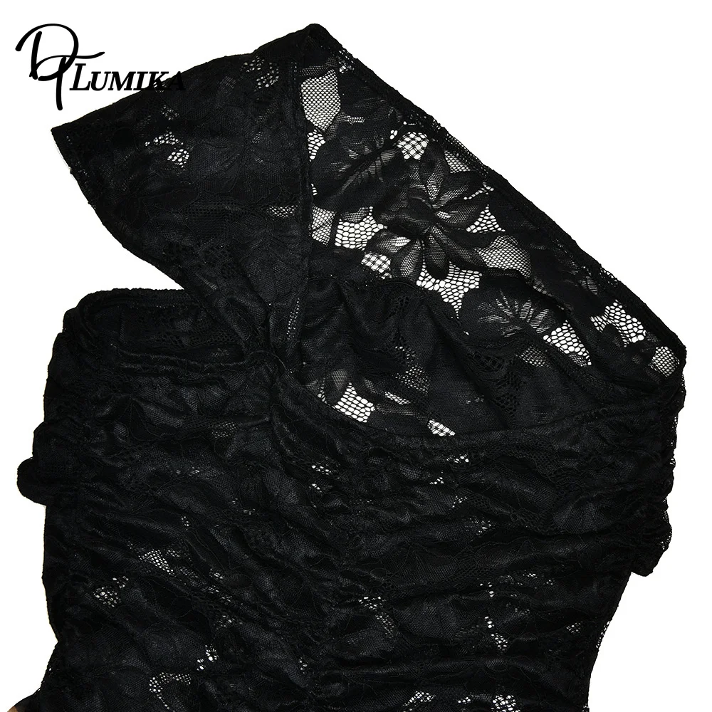 فستان DTLumika Leopard بكتف واحد للنساء، فساتين ماكسي من الدانتيل الأسود غير المتماثل للنساء، فستان كوكتيل شعبي للحفلات الراقصة #5