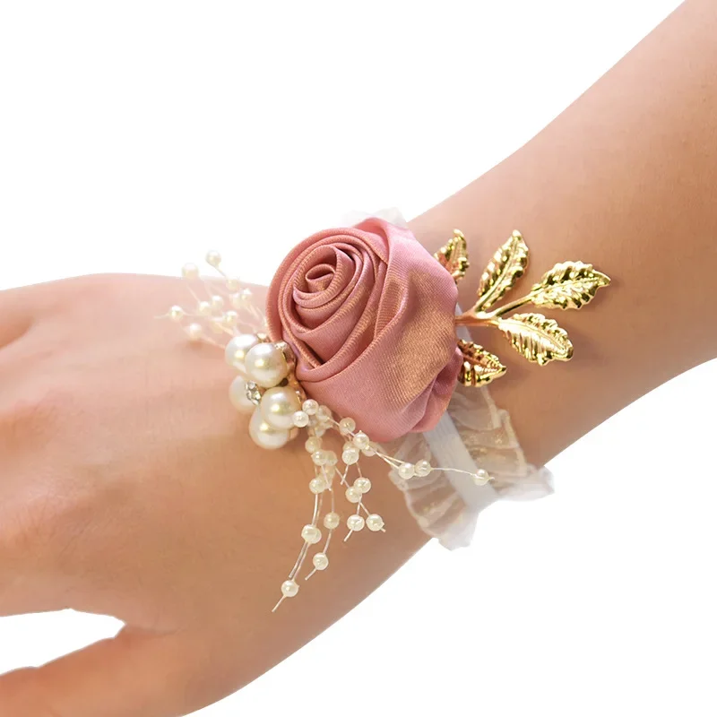 Pulsera de rosa de imitación para dama de honor, ramillete de muñeca para boda, cinta de poliéster, lazo de perlas, regalos nupciales, flores de mano, accesorios para fiesta y graduación