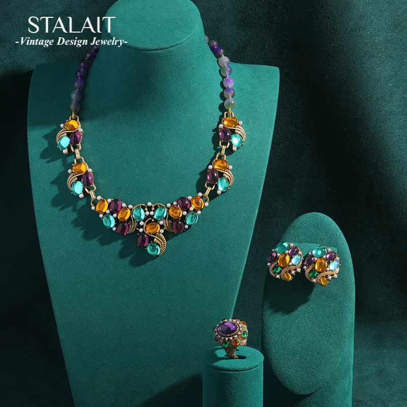 

Vintage Antique Wedding Purple Jewelry Sets For Women Beaded Chain Oval Glass Pearl Choker Necklace Earring Ring New 2025