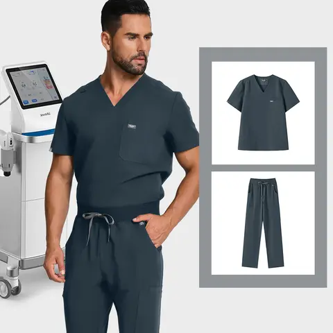 KUNGFU SCRUBS Men's V-neck Scrubs Nurse/Doctor Uniform Set Antibacterial Waterproof Top and Pants Soft Breathable Work Clothes