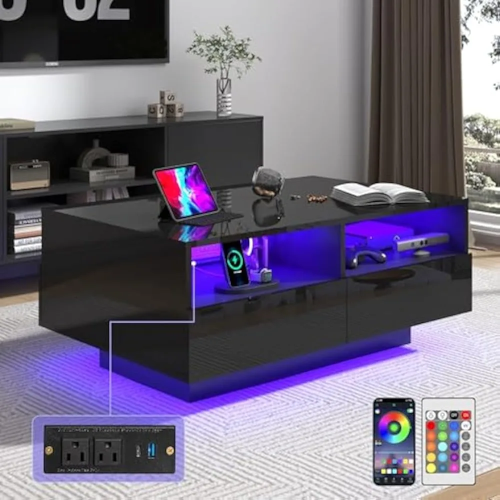 

St.Mandyu LED Coffee Table with Storage Drawers,Modern High Glossy Center Table with 20 Colors LED Lights for Living Room (Black