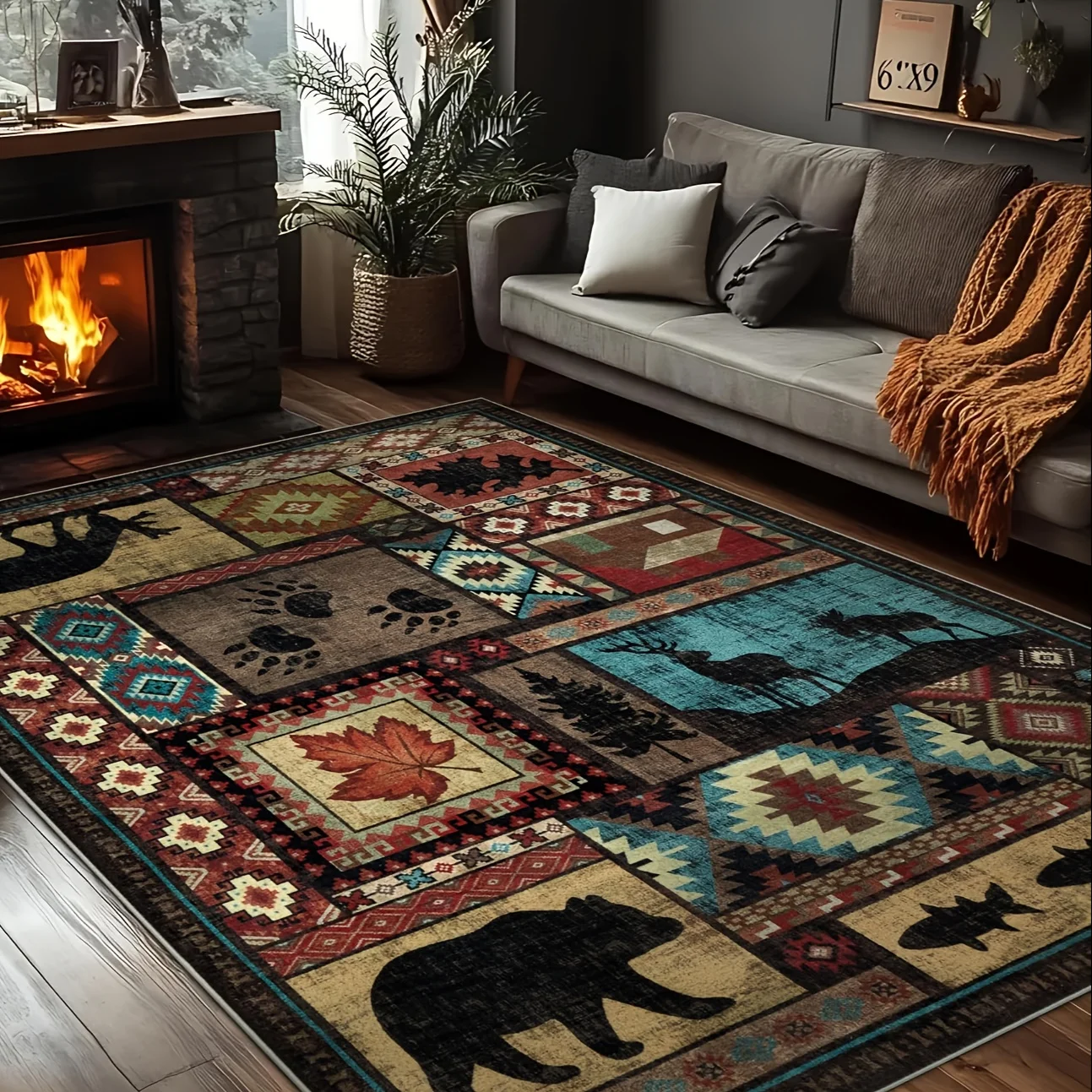 

Rustic Cabin Lodge Rug Suitable for Living Room Bedroom - Southwestern Bear Print Low Pile with Non-Slip TPR/PVC Backing, Machine Washable Suitable for, Jumbo Sizes Available for Spaces