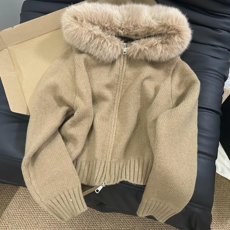 Long fur-trimmed hooded knitted coat Women Autumn and Winter New Collection Lazy Elegance Loose Zip-up sweater Jumper