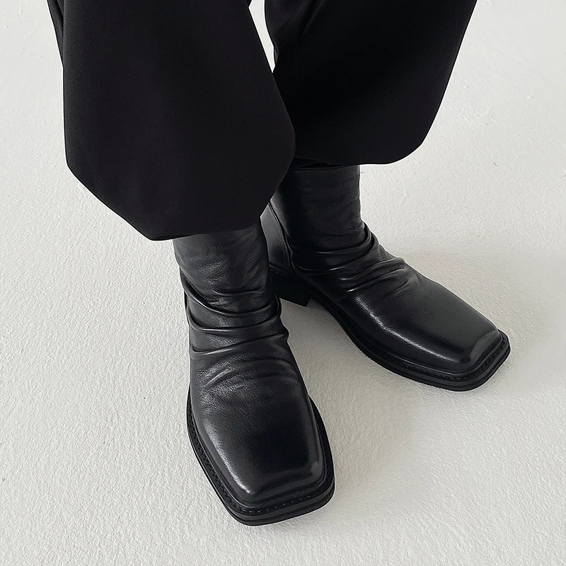 Top layer cowhide square toe short boots for men pleated design wizard boots niche Chelsea shoes casual