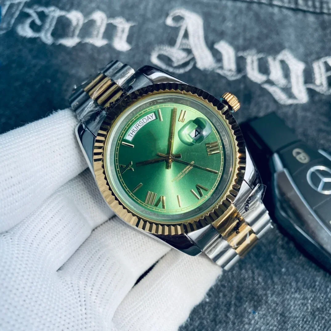 2025 ساعة أوتوماتيكية جديدة فاخرة باللون الذهبي الوردي للرجال ساعة ميكانيكية AR زجاج الياقوت تاريخ ساعة رجالية