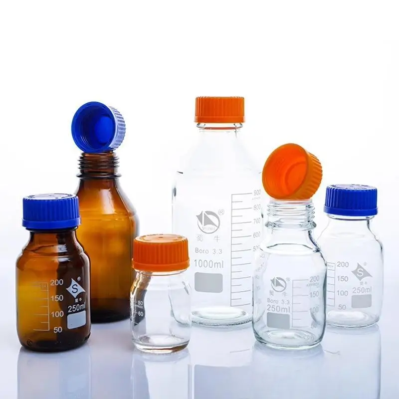 

1Piece 100ml 250ml 500ml 1000ml Lab Clear/Brown Reagent Bottle Glass Screwed Mouth Blue Cap/yellow Cap Bottle