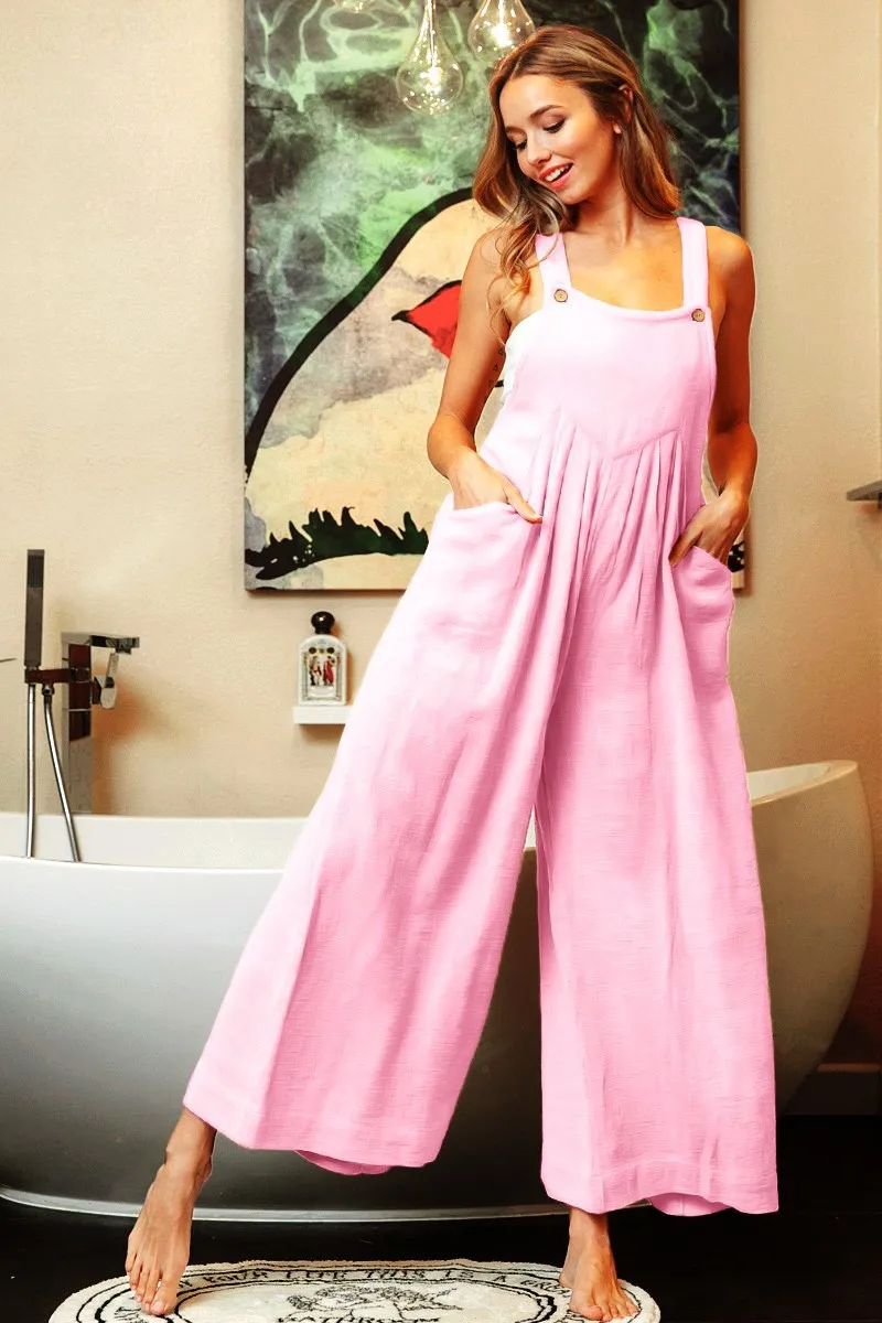 European and American 2024 Women's Summer Sling Pants Fashion Two Pocket Jumpsuit Wide Leg Pants