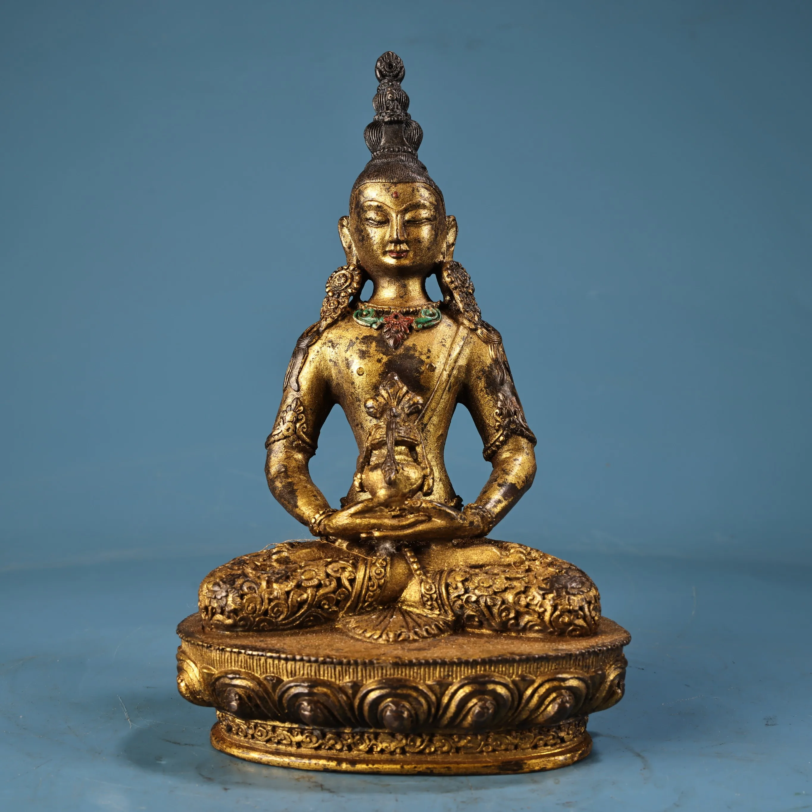 Antique Gilded Copper Amitayus Buddha Statue, Tibetan Longevity Buddha with Vase & Lotus Base