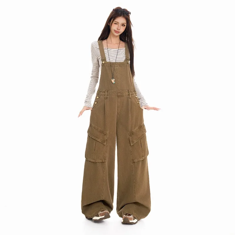 Vintage Women Denim Bib Overalls Summer High Waist Multi Pocket Baggy Wide Leg Cargo Jumpsuit Y2K